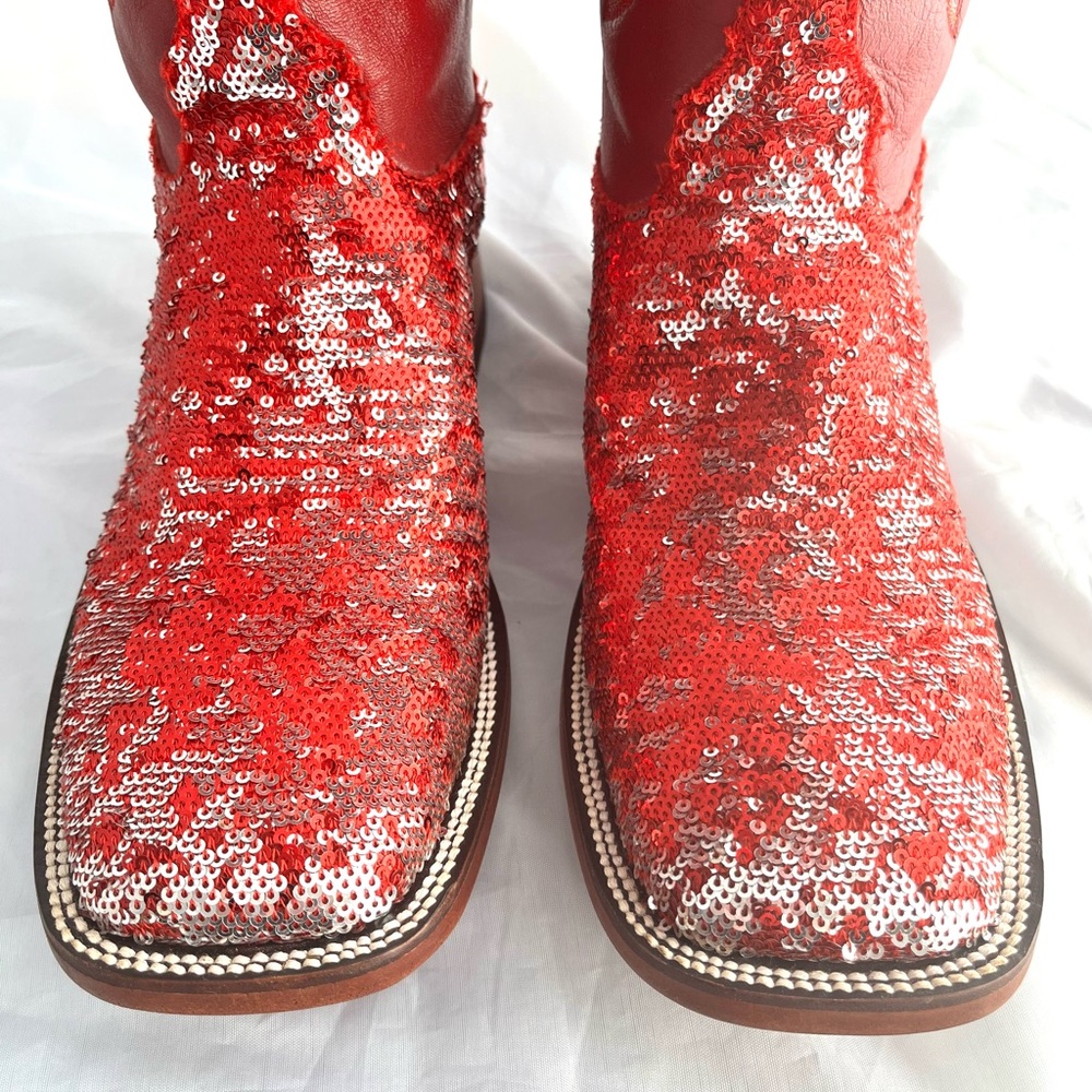 ♥️ Cowgirl Red Sequined Leather Los Altos Western women’s 12,5 Boots - Picture 4 of 13